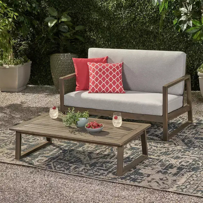 Christopher Knight Home Hazel Outdoor Acacia Wood Loveseat and Coffee Table Set with Cushions