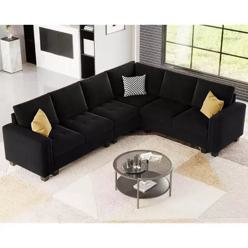 Belffin Modular Velvet Tufted L Shaped Sofa Couch with Reversible Chaise Convertible Modular Sectional Sofa Set with Storage Ottoman
