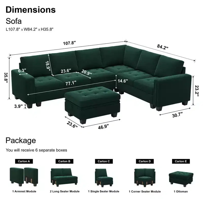 Belffin Modular Velvet Tufted L Shaped Sofa Couch with Reversible Chaise Convertible Modular Sectional Sofa Set with Storage Ottoman