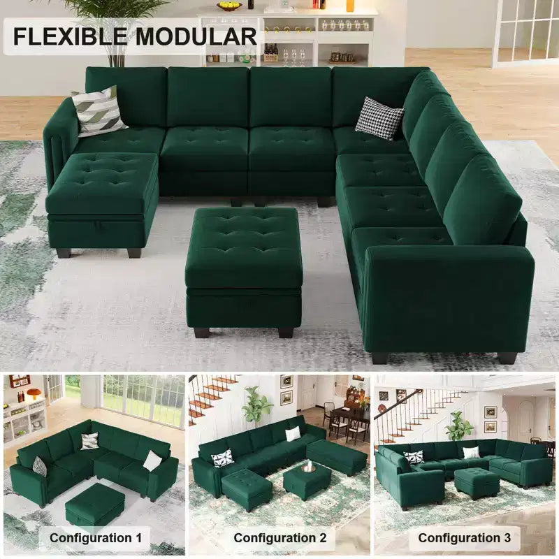 Belffin Modular Velvet Tufted L Shaped Sofa Couch with Reversible Chaise Convertible Modular Sectional Sofa Set with Storage Ottoman