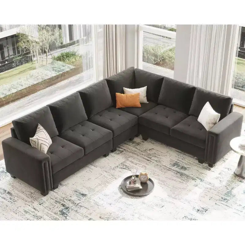 Belffin Modular Velvet Tufted L Shaped Sofa Couch with Reversible Chaise Convertible Modular Sectional Sofa Set with Storage Ottoman