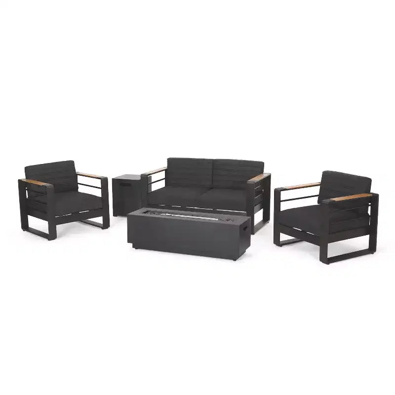 Christopher Knight Home Ostrander 4-Seater Outdoor Aluminum Chat Set with Fire Pit Table, Black/Dark Gray