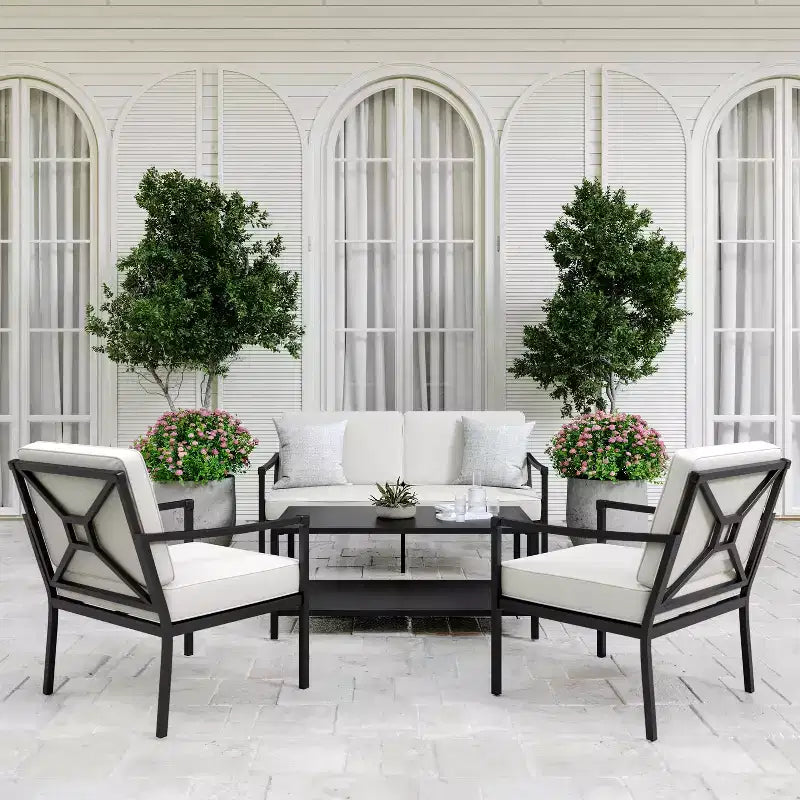 Martha Stewart 4pc Steel Patio Conversation Set with Loveseat, 2 Chairs, Coffee Table in Black