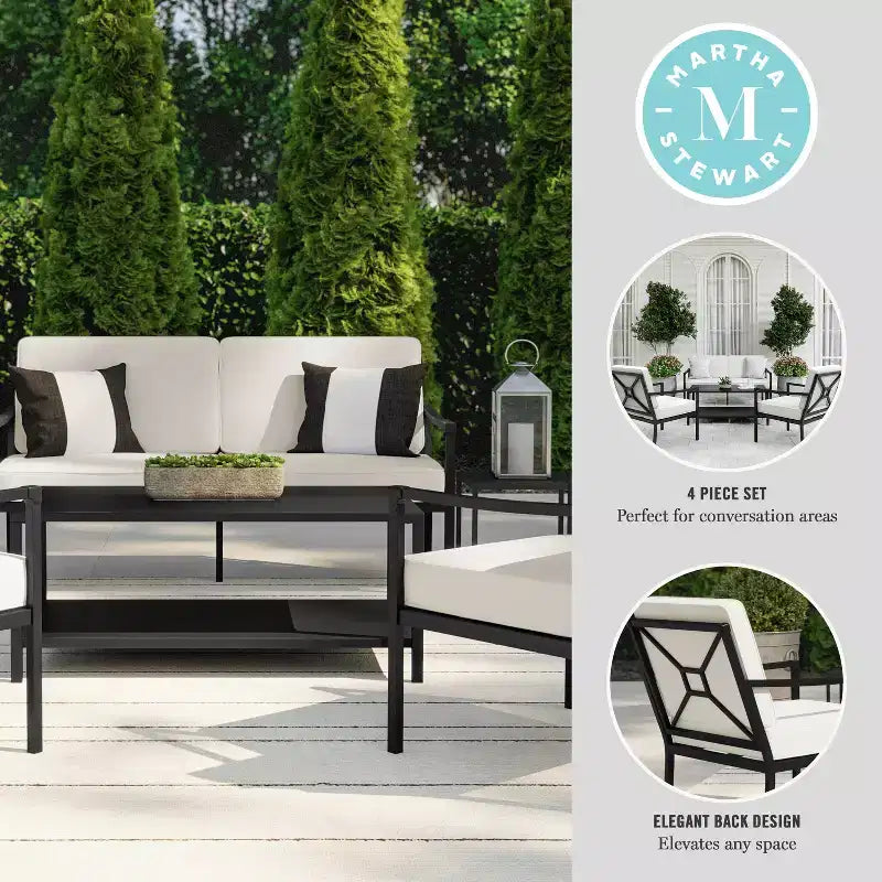 Martha Stewart 4pc Steel Patio Conversation Set with Loveseat, 2 Chairs, Coffee Table in Black