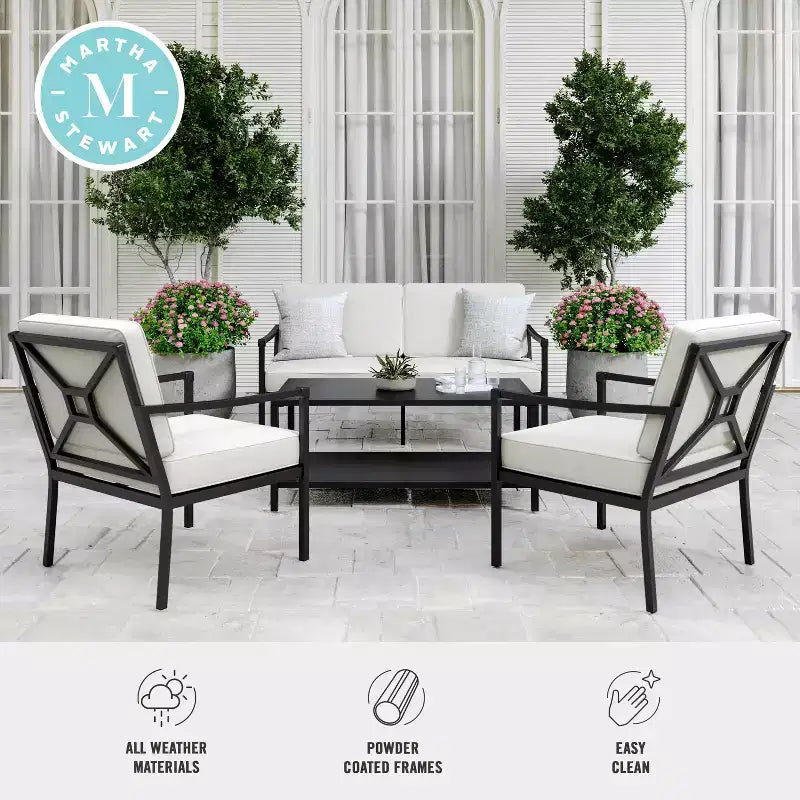 Martha Stewart 4pc Steel Patio Conversation Set with Loveseat, 2 Chairs, Coffee Table in Black