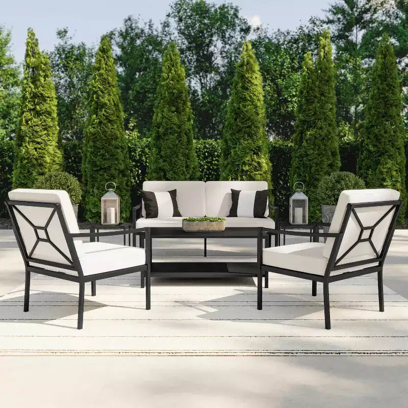 Martha Stewart 4pc Steel Patio Conversation Set with Loveseat, 2 Chairs, Coffee Table in Black