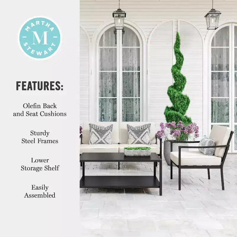 Martha Stewart 4pc Steel Patio Conversation Set with Loveseat, 2 Chairs, Coffee Table in Black