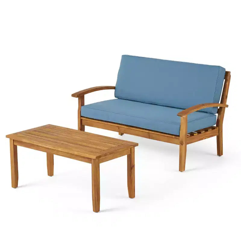 GDFStudio Keanu Outdoor Acacia Wood Loveseat and Coffee Table Set with Cushions
