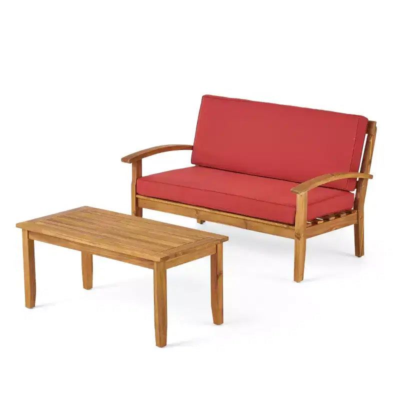 GDFStudio Keanu Outdoor Acacia Wood Loveseat and Coffee Table Set with Cushions