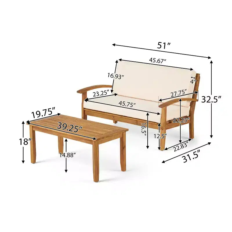 GDFStudio Keanu Outdoor Acacia Wood Loveseat and Coffee Table Set with Cushions