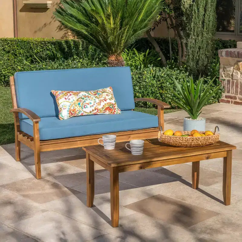 GDFStudio Keanu Outdoor Acacia Wood Loveseat and Coffee Table Set with Cushions