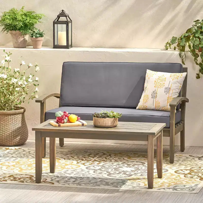 GDFStudio Keanu Outdoor Acacia Wood Loveseat and Coffee Table Set with Cushions