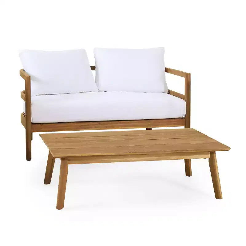 GDFStudio Aggie Outdoor Acacia Wood Loveseat and Coffee Table Set with Cushions, Teak/White