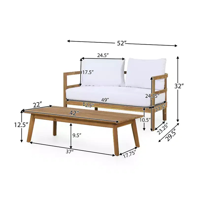 GDFStudio Aggie Outdoor Acacia Wood Loveseat and Coffee Table Set with Cushions, Teak/White