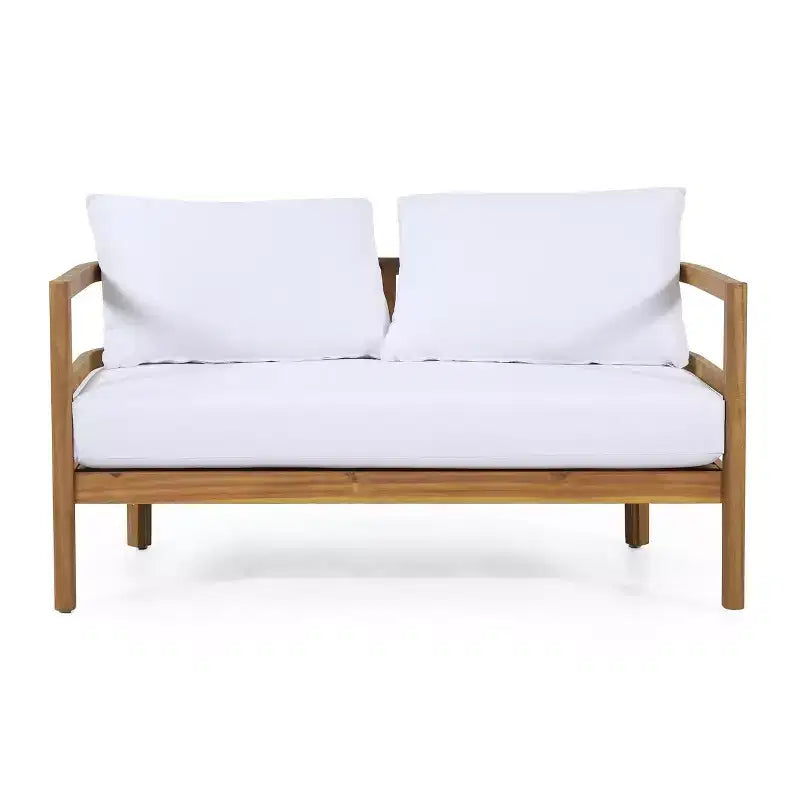 GDFStudio Aggie Outdoor Acacia Wood Loveseat and Coffee Table Set with Cushions, Teak/White