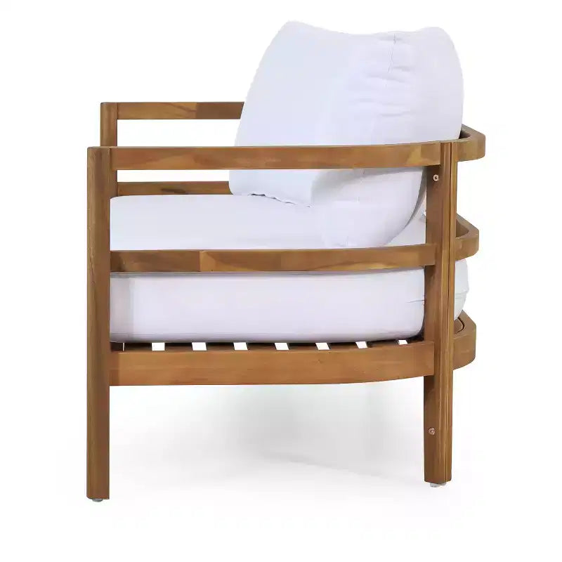 GDFStudio Aggie Outdoor Acacia Wood Loveseat and Coffee Table Set with Cushions, Teak/White