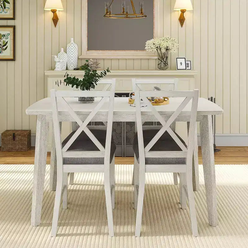 VECELO Farmhouse Style Dining Table Set, Rubber Wood Table and Upholstered Dining Chairs, Gray