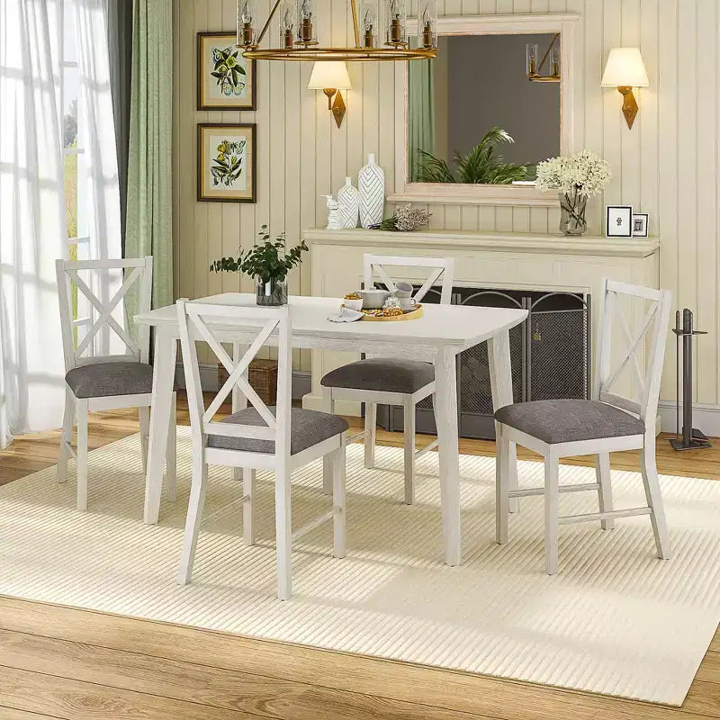 VECELO Farmhouse Style Dining Table Set, Rubber Wood Table and Upholstered Dining Chairs, Gray