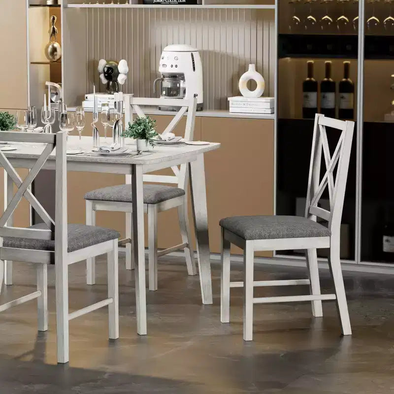 VECELO Farmhouse Style Dining Table Set, Rubber Wood Table and Upholstered Dining Chairs, Gray