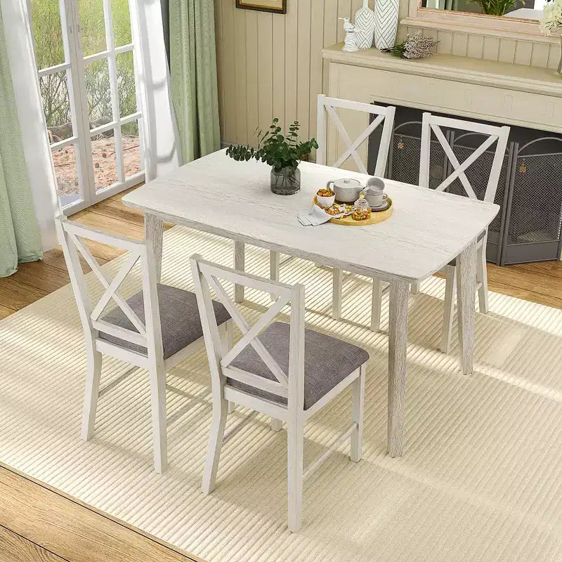 VECELO Farmhouse Style Dining Table Set, Rubber Wood Table and Upholstered Dining Chairs, Gray