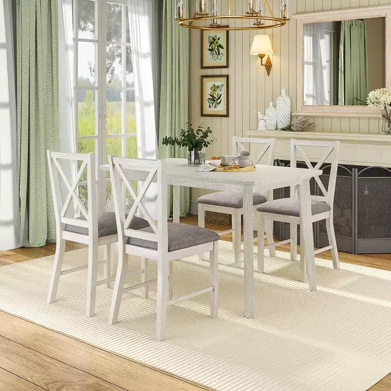 VECELO Farmhouse Style Dining Table Set, Rubber Wood Table and Upholstered Dining Chairs, Gray