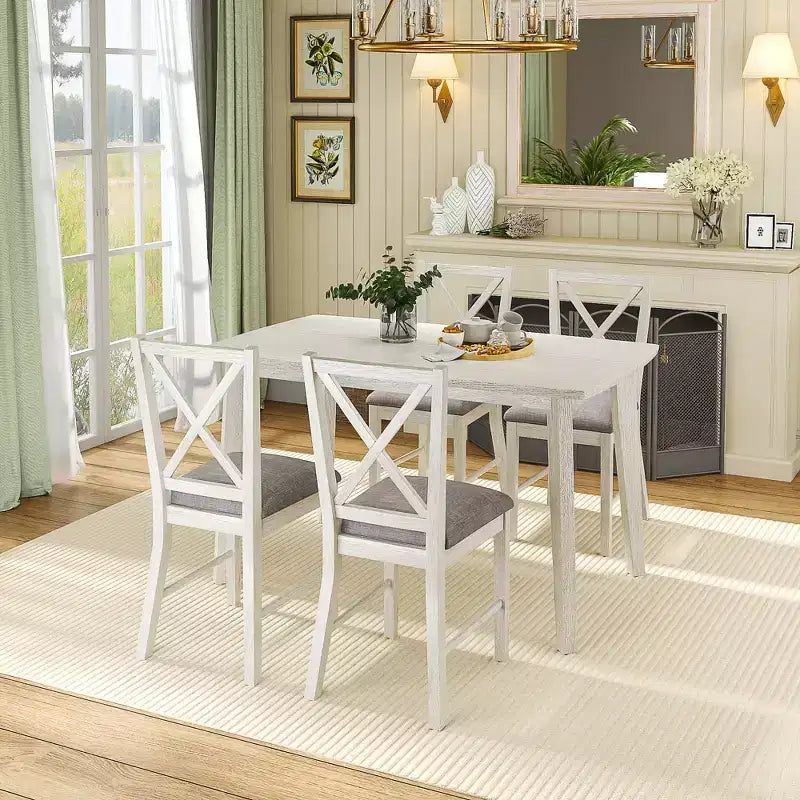 VECELO Farmhouse Style Dining Table Set, Rubber Wood Table and Upholstered Dining Chairs, Gray