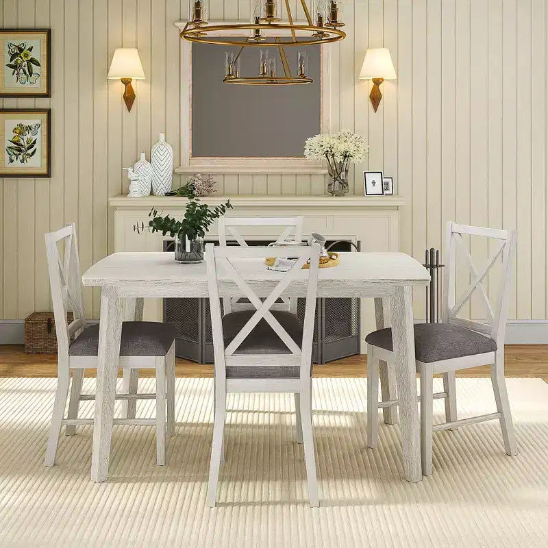 VECELO Farmhouse Style Dining Table Set, Rubber Wood Table and Upholstered Dining Chairs, Gray