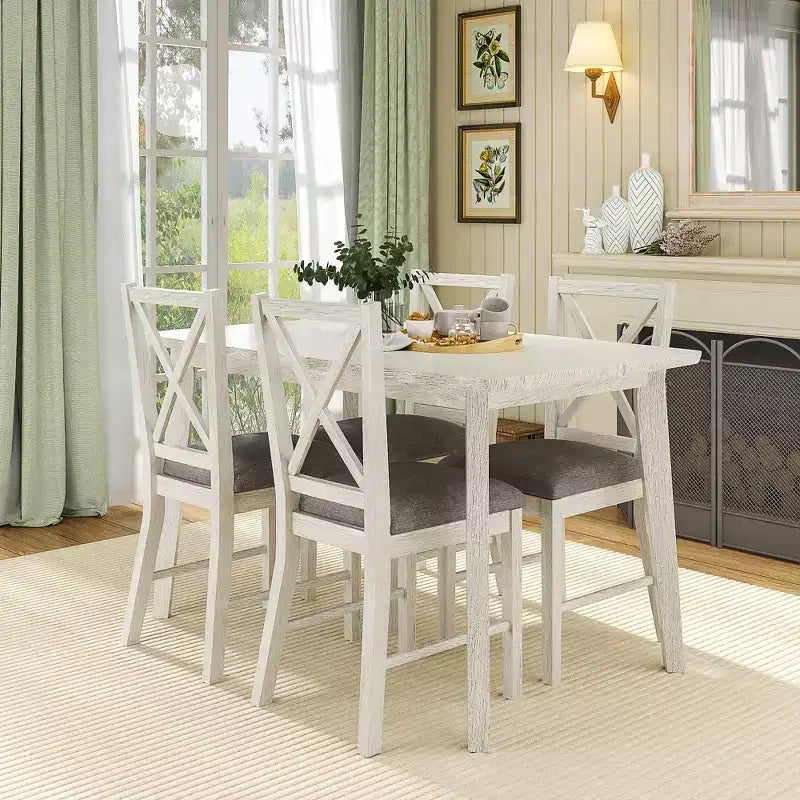 VECELO Farmhouse Style Dining Table Set, Rubber Wood Table and Upholstered Dining Chairs, Gray