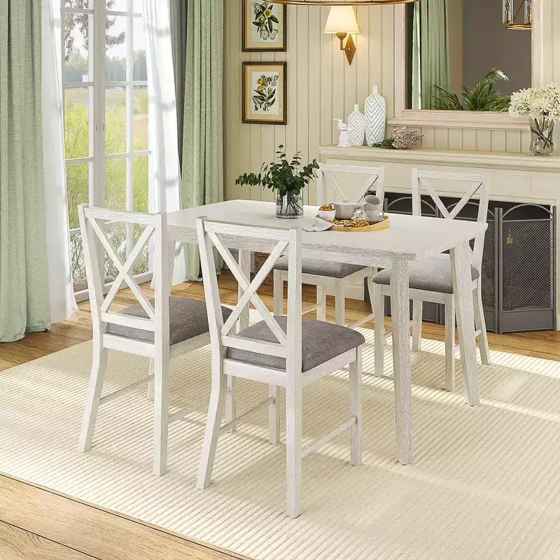 VECELO Farmhouse Style Dining Table Set, Rubber Wood Table and Upholstered Dining Chairs, Gray