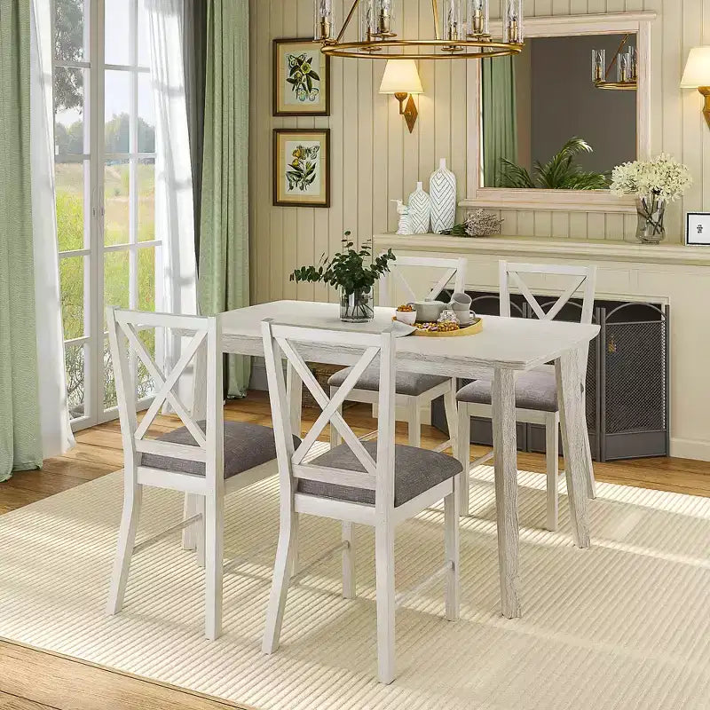 VECELO Farmhouse Style Dining Table Set, Rubber Wood Table and Upholstered Dining Chairs, Gray