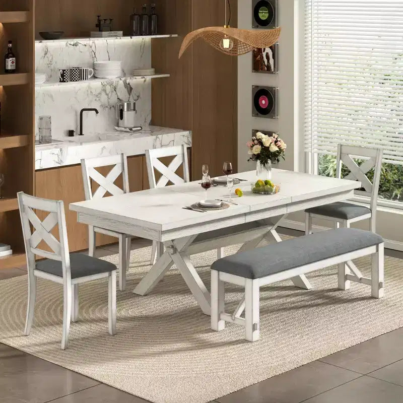 VECELO Rustic 6-Piece Extendable Dining Table Set, Rubber Wood Table with 4 Armless Upholstered Dining Chairs and Bench for Kitchen, Gray