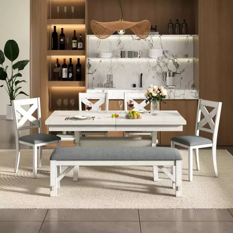 VECELO Rustic 6-Piece Extendable Dining Table Set, Rubber Wood Table with 4 Armless Upholstered Dining Chairs and Bench for Kitchen, Gray