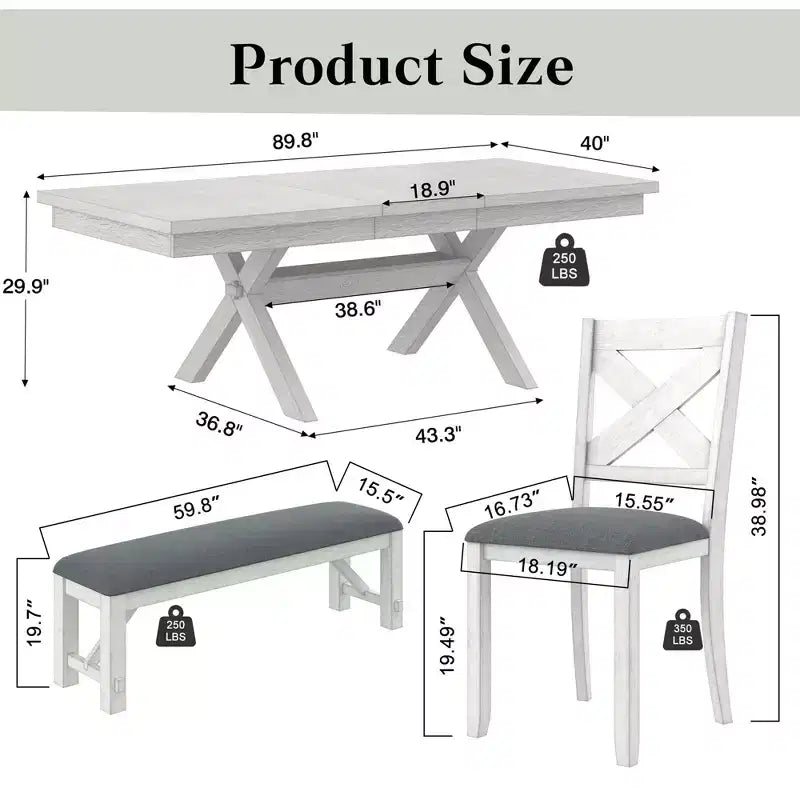VECELO Rustic 6-Piece Extendable Dining Table Set, Rubber Wood Table with 4 Armless Upholstered Dining Chairs and Bench for Kitchen, Gray