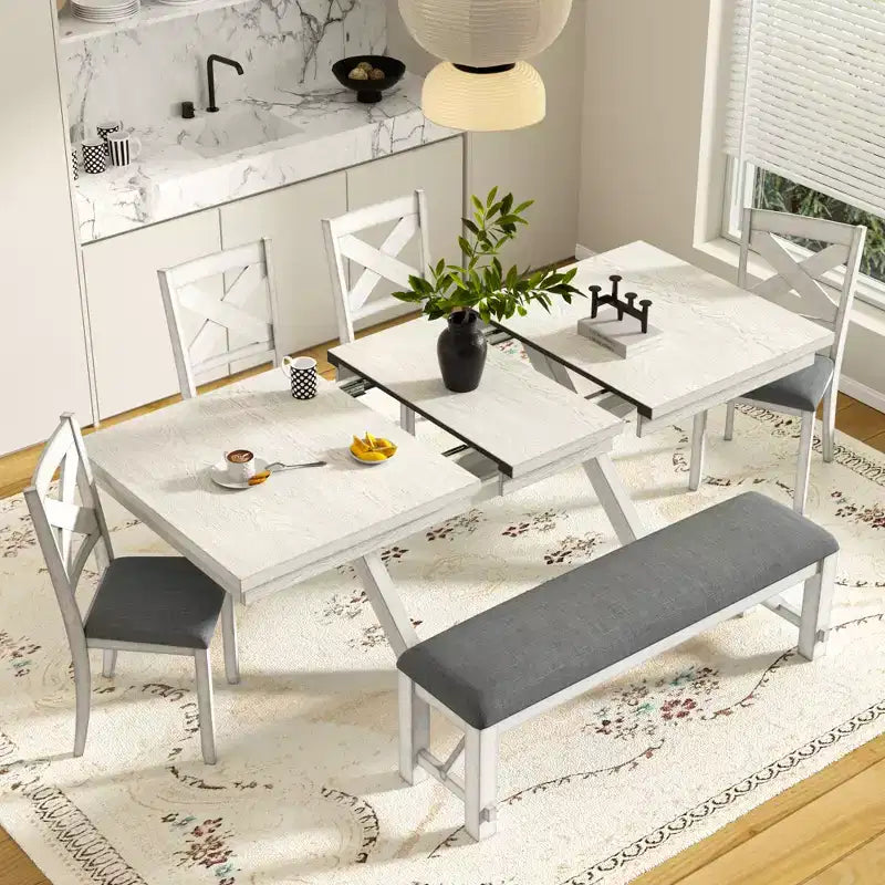 VECELO Rustic 6-Piece Extendable Dining Table Set, Rubber Wood Table with 4 Armless Upholstered Dining Chairs and Bench for Kitchen, Gray