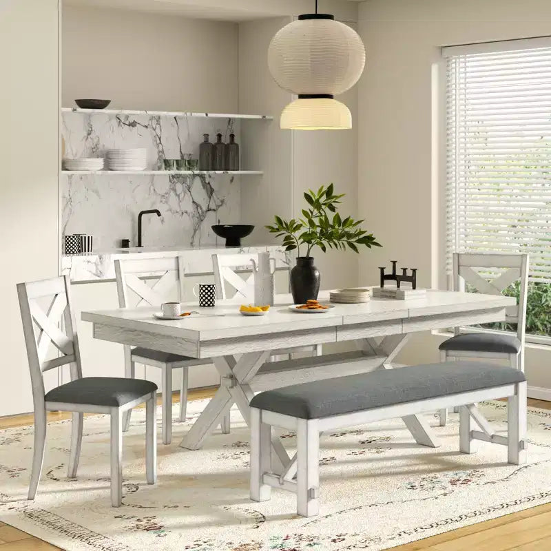 VECELO Rustic 6-Piece Extendable Dining Table Set, Rubber Wood Table with 4 Armless Upholstered Dining Chairs and Bench for Kitchen, Gray