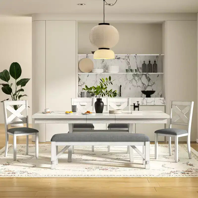 VECELO Rustic 6-Piece Extendable Dining Table Set, Rubber Wood Table with 4 Armless Upholstered Dining Chairs and Bench for Kitchen, Gray