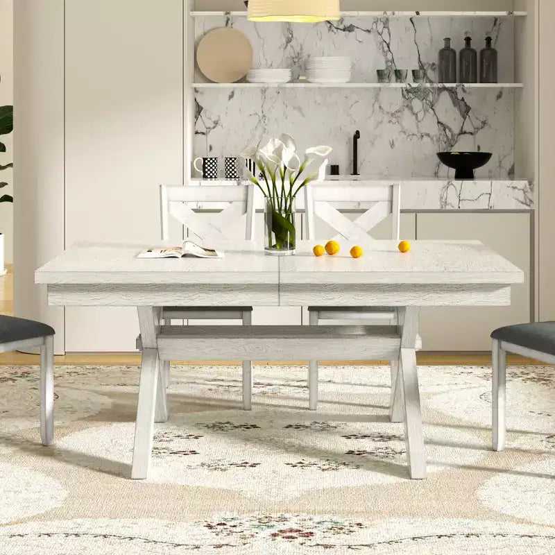 VECELO Rustic 6-Piece Extendable Dining Table Set, Rubber Wood Table with 4 Armless Upholstered Dining Chairs and Bench for Kitchen, Gray