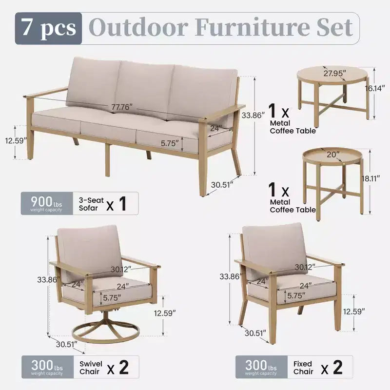Captiva Designs 7PC Outdoor Patio Cross-Band Back Conversation Set with Thick Cushions for Deck, Garden, or Poolside