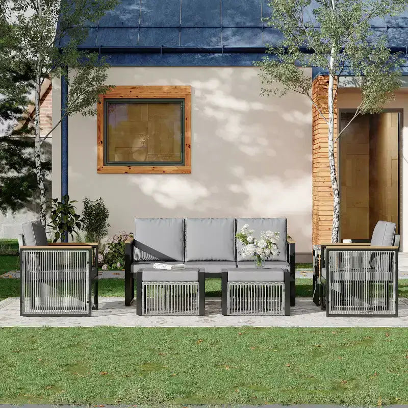 EROMMY 7 Pieces Modern Outdoor Conversation Set Sectional Sofa With Ottomans And Coffee Table