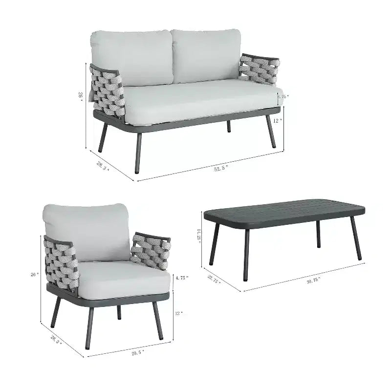 Christopher Knight Home Belle 4 Piece Modern Patio Metal and Rope Upholstered Seating Set with Coffee Table
