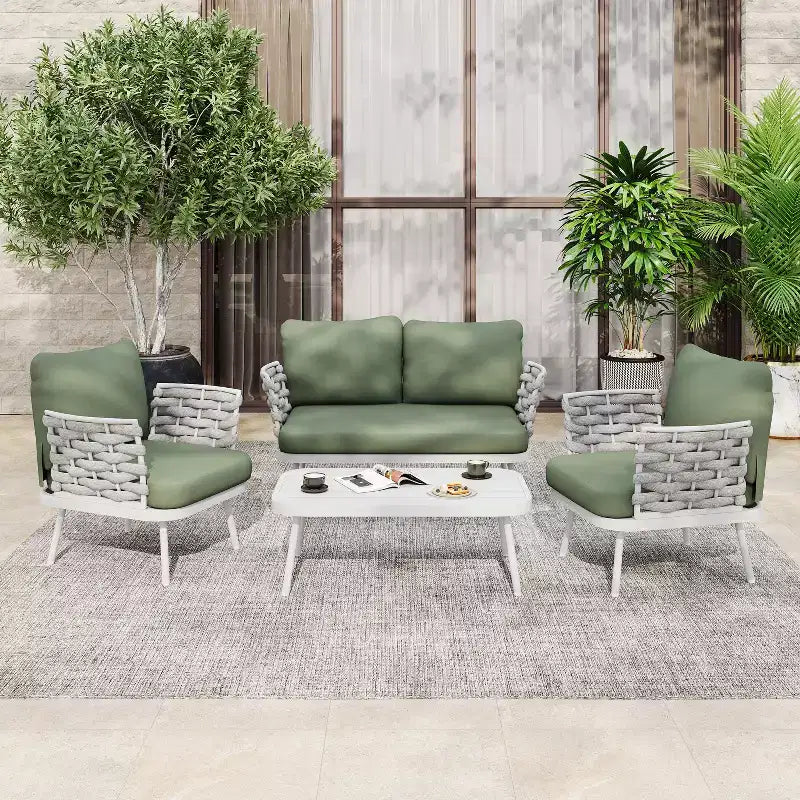 Christopher Knight Home Belle 4 Piece Modern Patio Metal and Rope Upholstered Seating Set with Coffee Table