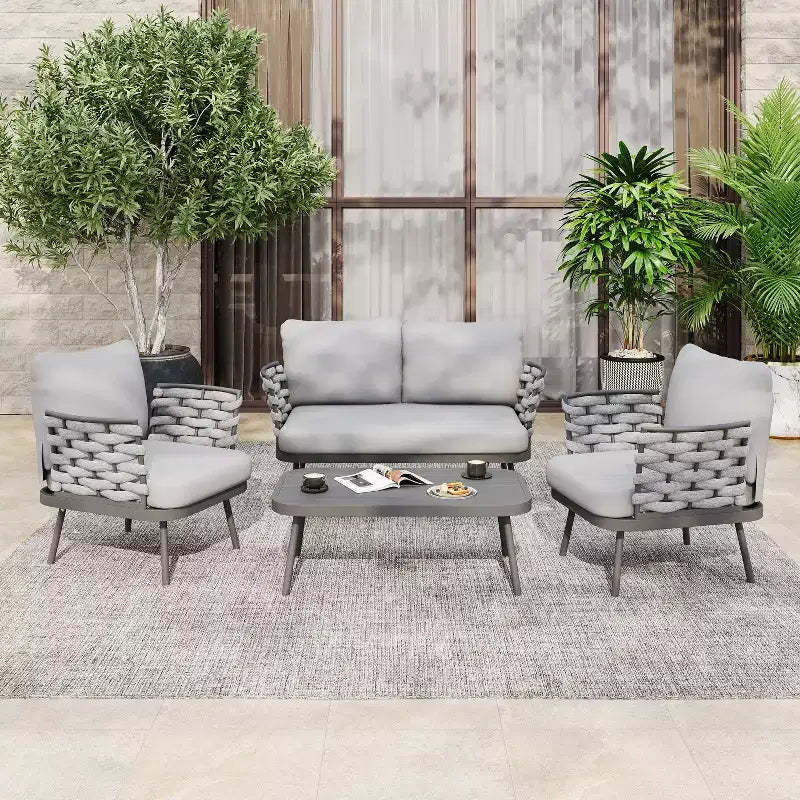 Christopher Knight Home Belle 4 Piece Modern Patio Metal and Rope Upholstered Seating Set with Coffee Table