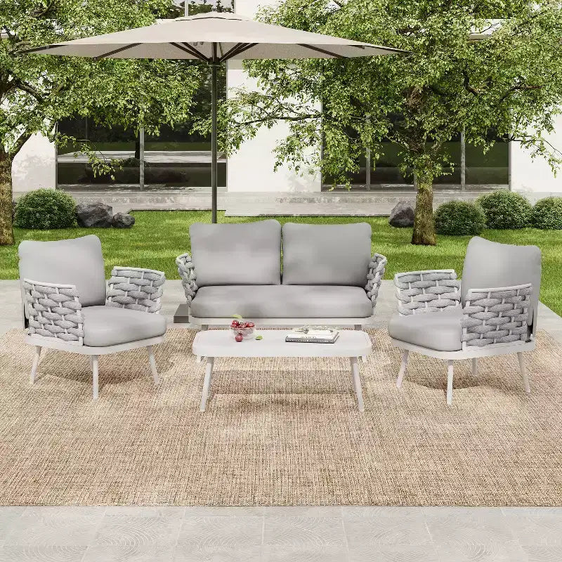 Christopher Knight Home Belle 4 Piece Modern Patio Metal and Rope Upholstered Seating Set with Coffee Table