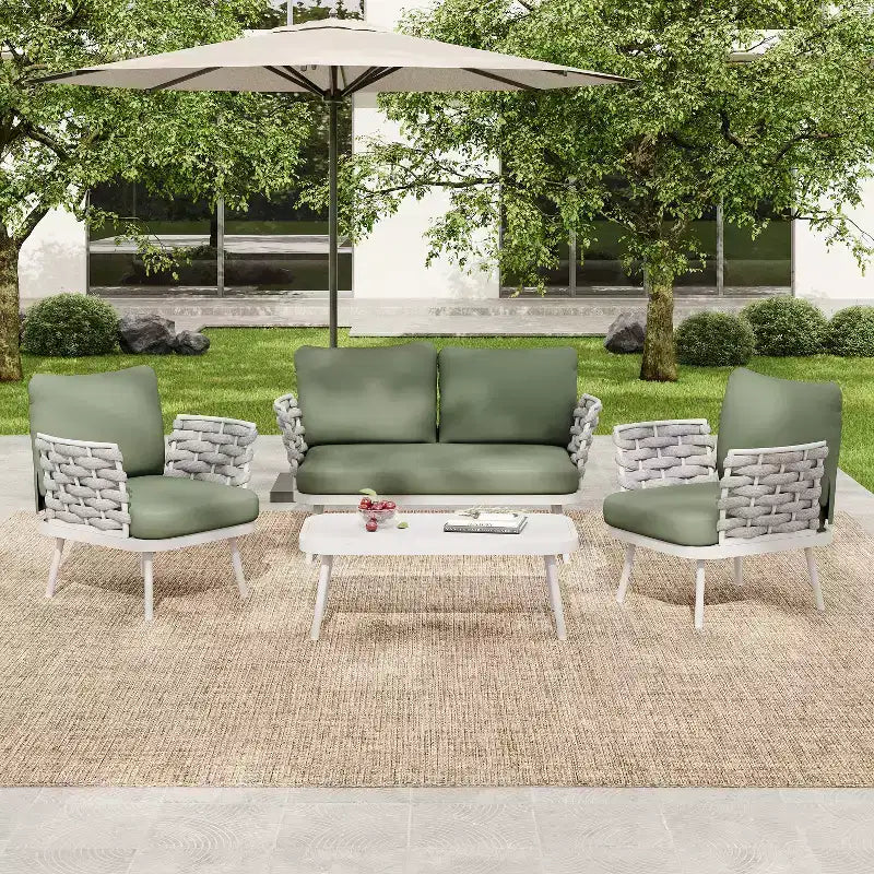 Christopher Knight Home Belle 4 Piece Modern Patio Metal and Rope Upholstered Seating Set with Coffee Table
