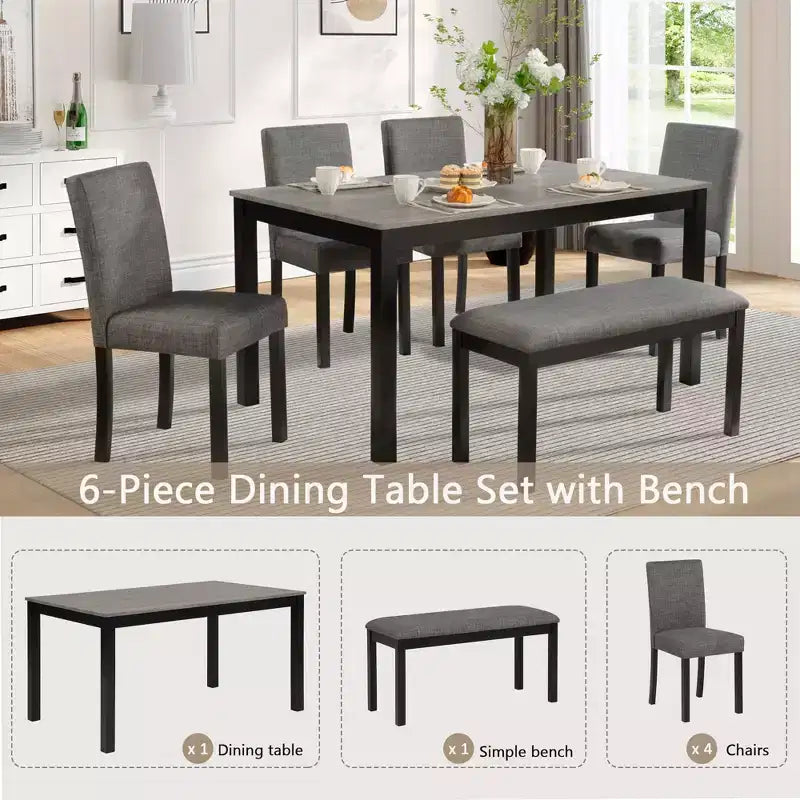 6-Piece Dining Table Set with Bench and Chairs, Dining Table Set for 6 with Bench, Wooden Dining Table Set for Kitchen, Dining Room
