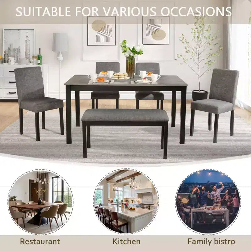 6-Piece Dining Table Set with Bench and Chairs, Dining Table Set for 6 with Bench, Wooden Dining Table Set for Kitchen, Dining Room