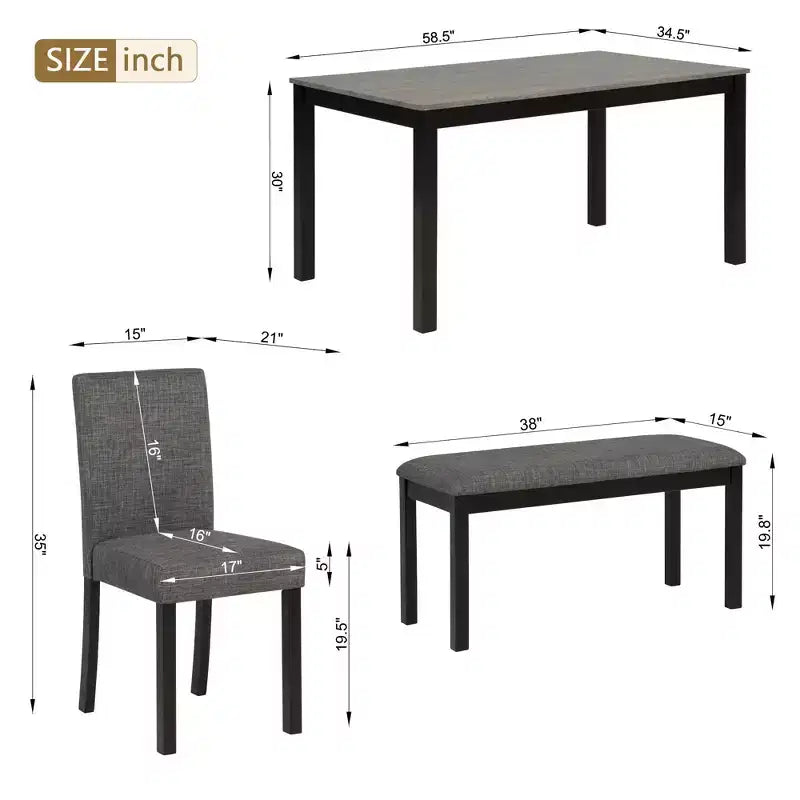 6-Piece Dining Table Set with Bench and Chairs, Dining Table Set for 6 with Bench, Wooden Dining Table Set for Kitchen, Dining Room