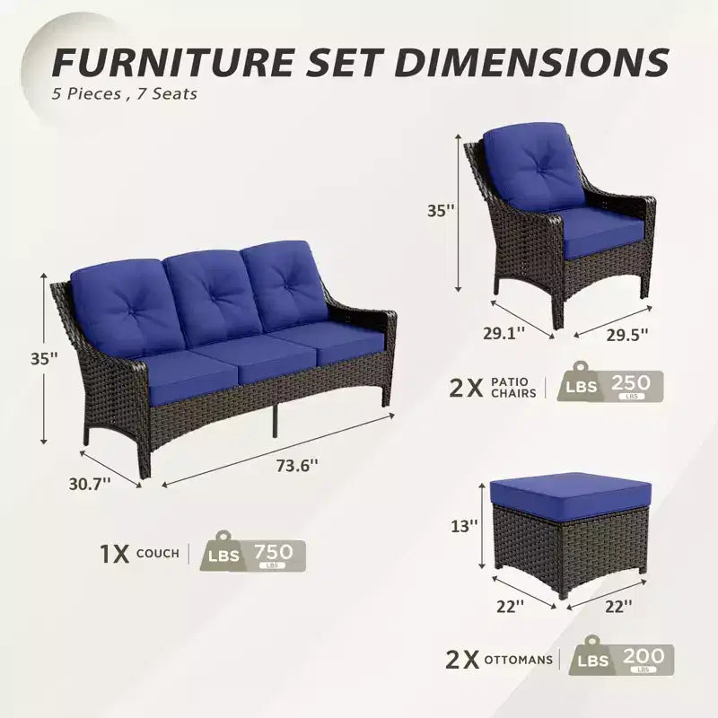 EAGLE PEAK Azure Bay 5 Pieces Wicker Outdoor Patio Furniture Set , Sofa and Chairs with Ottomans