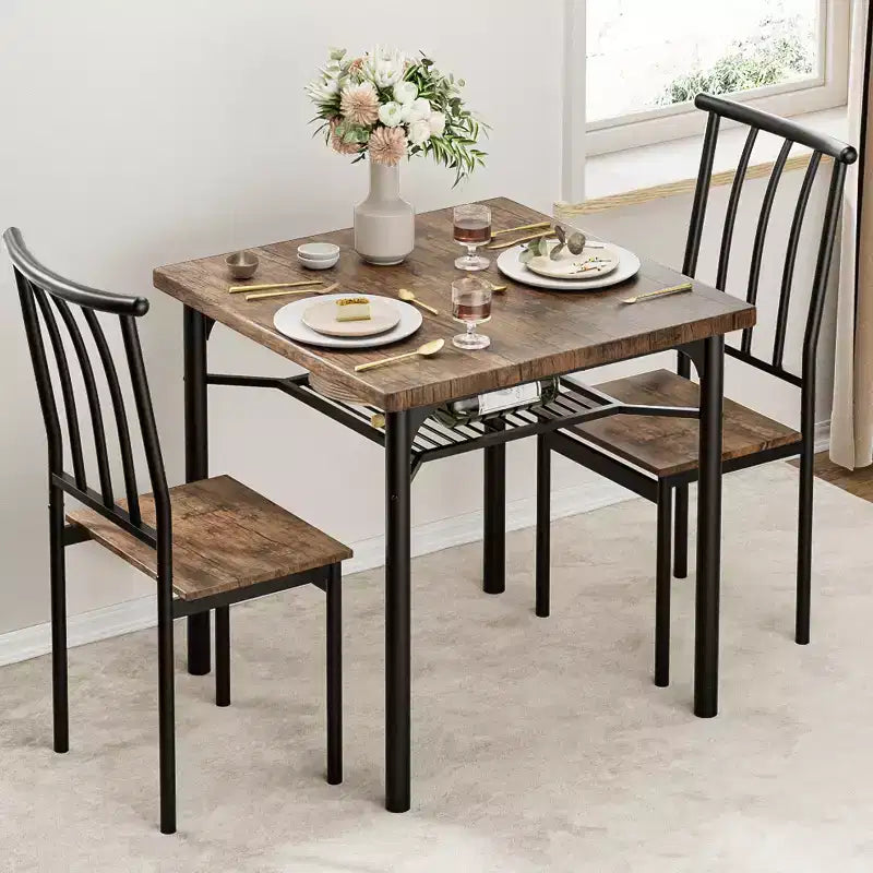 5 Piece Dining Table Set for 4 with Storage Rack, Metal and Wood Rectangular Dining Room Table Set for Kitchen, Dining Room, Dinette,Rustic Brown