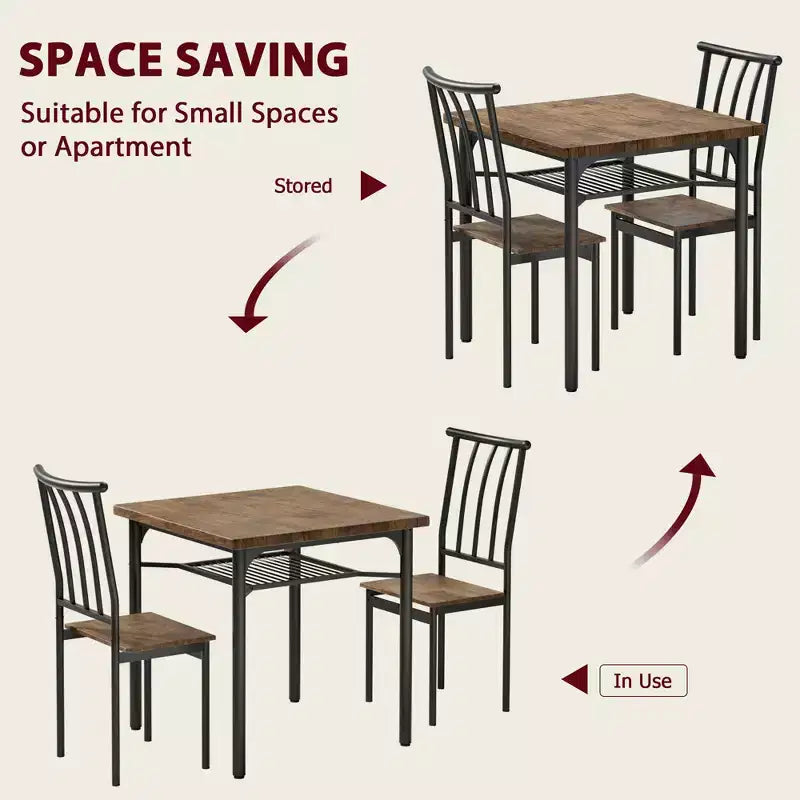 5 Piece Dining Table Set for 4 with Storage Rack, Metal and Wood Rectangular Dining Room Table Set for Kitchen, Dining Room, Dinette,Rustic Brown
